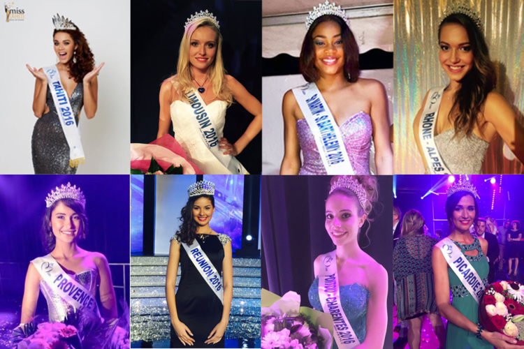 En haut – De gauche à droite : Miss Tahiti Vaea Ferrand, Miss Limousin Romane Komar, Miss Saint-Martin - Saint-Barthélémy Anaëlle Hyppolite et Miss Rhône-Alpes Camille Bernard.  En bas – De gauche à droite : Miss Provence Noémie Mazella, Miss Réunion Ambre Nguyen, Miss Poitou-Charentes Magdalène Chollet et Miss Picardie Myrtille Cauchefer.