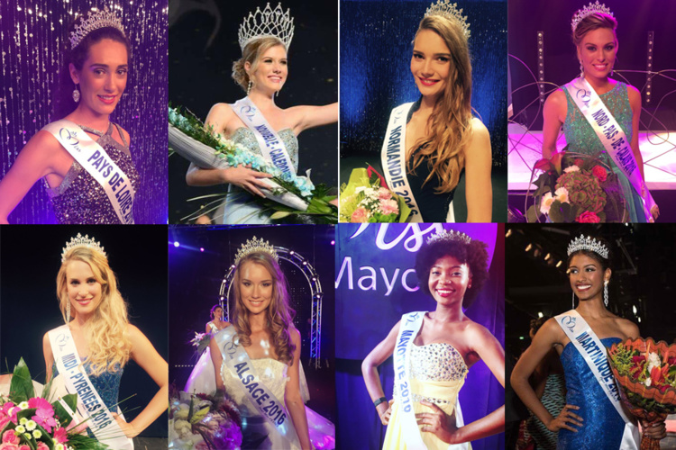 En haut – De gauche à droite : Miss Pays-de-Loire Carla Loones, Miss Nouvelle-Calédonie Andréa Lux, Miss Normandie Esther Houdement et Miss Nord-Pas-de-Calais Laurine Maricau. En bas – De gauche à droite : Miss Midi-Pyrénées Virginie Guillin, Miss Alsace Claire Godard, Miss Mayotte Naïma Madi Mahadali et Miss Martinique Aurélie Joachim.