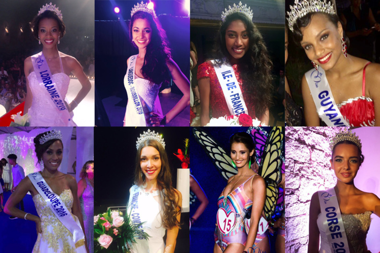 En haut - De gauche à droite : Miss Lorraine Justine Kamara, Miss Languedoc-Roussillon Aurore Kichenin, Miss Ile de France Meggy Pyaneeande et Miss Guyane Alicia Aylies. En bas – De gauche à droite : Miss Guadeloupe Morgane Thérésine, Miss Franche-Comté Mélissa Nourry, Miss Côte d'Azur Jade Scotte et Miss Corse Laëtitia Duclos.