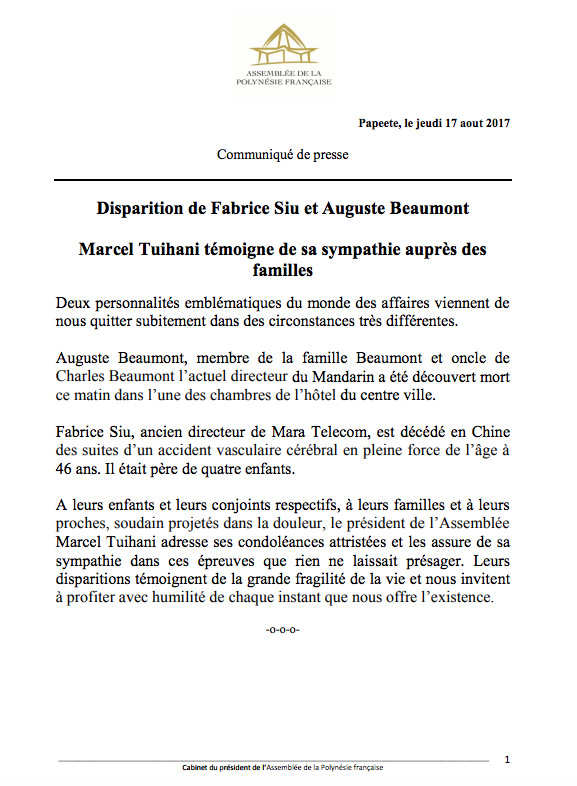 Disparition de Fabrice Siu et Auguste Beaumont: Marcel Tuihani témoigne de sa sympathie auprès des familles