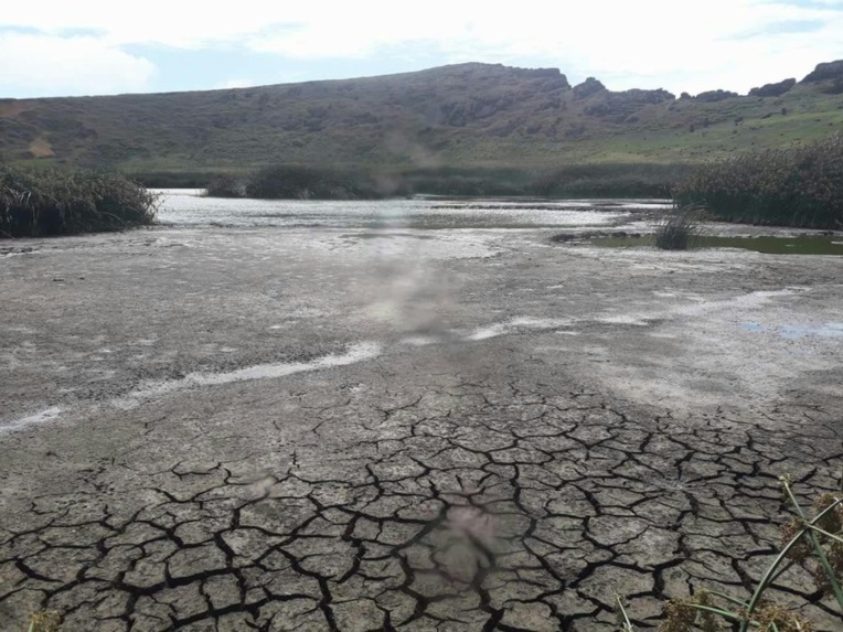 Le lac du cratère du Rano Raraku tel qu’il n’avait encore jamais été vu ; sa surface est craquelée par une interminable sécheresse.