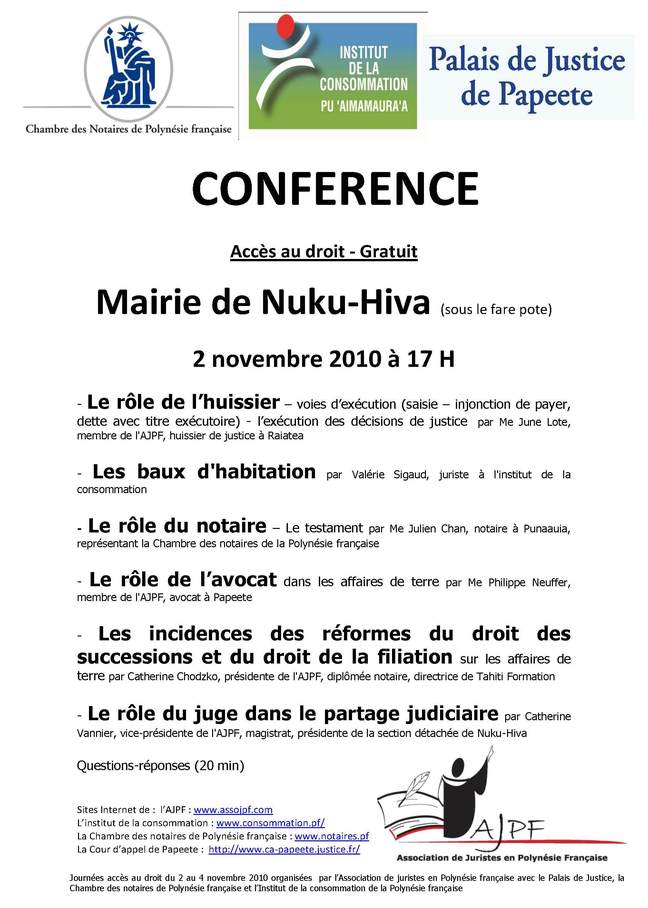 journées accès au droit à la Maire de Nuku-Hiva du 2 au 4 novembre 2010 - Conférence gratuite le 2 novembre 2010