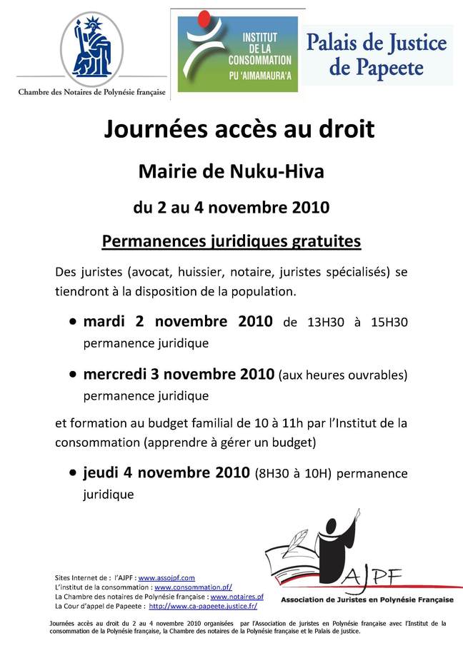 journées accès au droit à la Maire de Nuku-Hiva du 2 au 4 novembre 2010 - Conférence gratuite le 2 novembre 2010