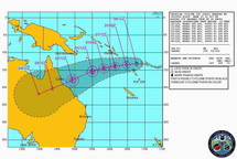 Trajectoire observée et anticipée du cyclone Yasi le 30 janvier 2011 à 12h00 GMT (Source Joint Typhoon Warning Centre, US Navy, Hawaii)