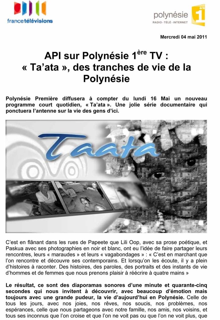 API sur Polynésie 1ère TV : « Ta’ata », des tranches de vie de la Polynésie