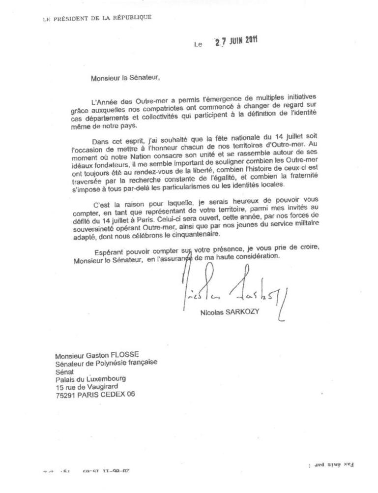 Nicolas Sarkozy invite Gaston Flosse au défilé du 14 juillet