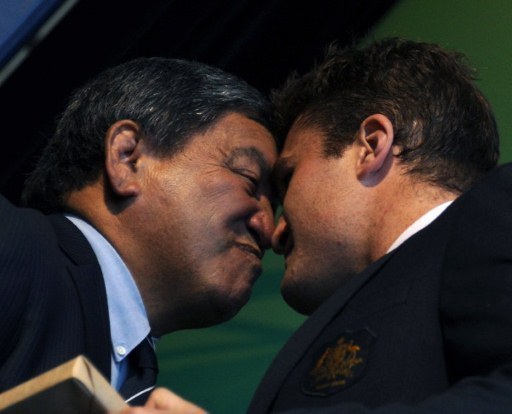 Wallabies rugby union captain James Horwill (R) receives a traditional "hongi" welcome during the Australian teams welcoming ceremony in Auckland on September 6, 2011. The 2011 World Cup in New Zealand will take place from September 9 to October 23. AFP PHOTO / Antony DICKSON
