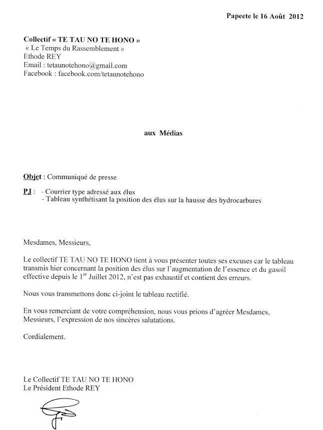 Hausse du carburant: Le Collectif « TE TAU NO TE HONO " revient sur sa liste et rectifie le tir