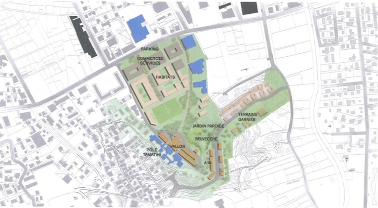 Orientations d'aménagement que prône la Ville sur le site de l'ancien CHPF, pour accompagner son projet de résorption de l'habitat insalubre des quartier Aivi, Garnier et Vallon, sur les hauteurs de Mama'o.