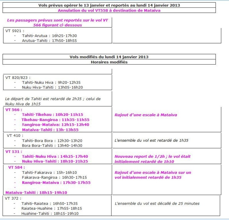 Air Tahiti : modification des horaires de vol du 14 janvier