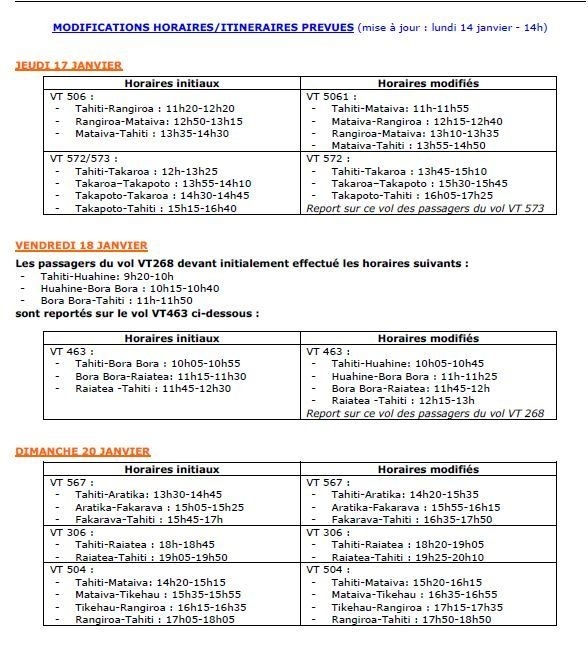 AIR TAHITI: modifications des vols des 17, 18 et 20 janvier