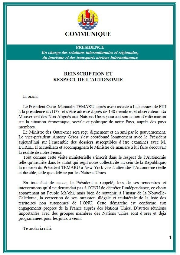 Oscar Temaru occupé à New-York, n'accueillera pas le Ministre des Outre-mer Victorin Lurel