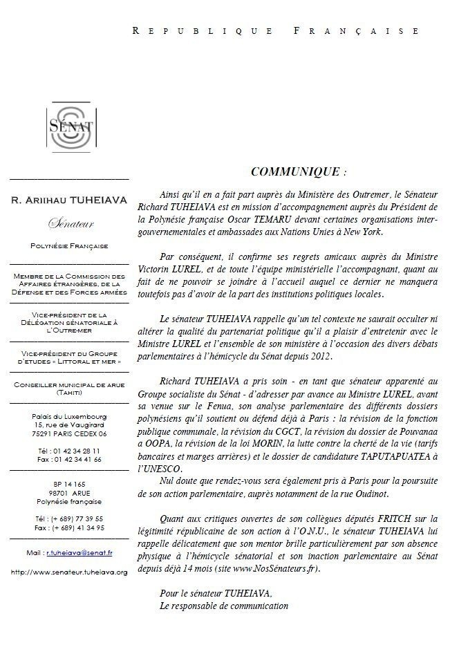 Le Sénateur Richard Tuheiava n'accueillera pas le Ministre Victorin Lurel non plus