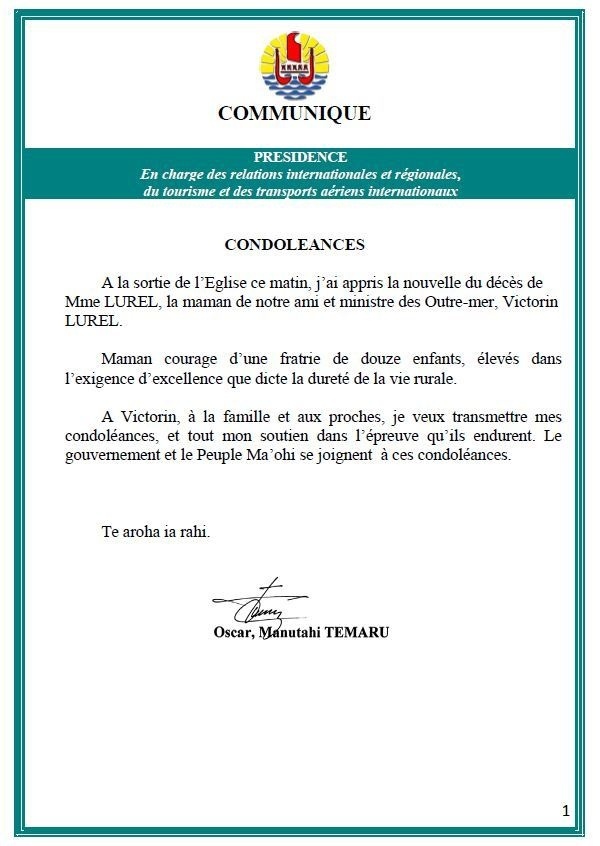 Décès de Madame Lurel: Messages de condoléances