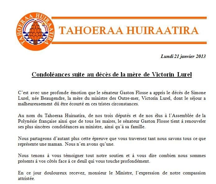 Décès de Madame Lurel: Messages de condoléances