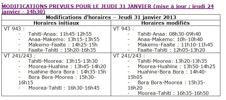 Modification du programme vols AIR TAHITI du 29 janvier au 13 février