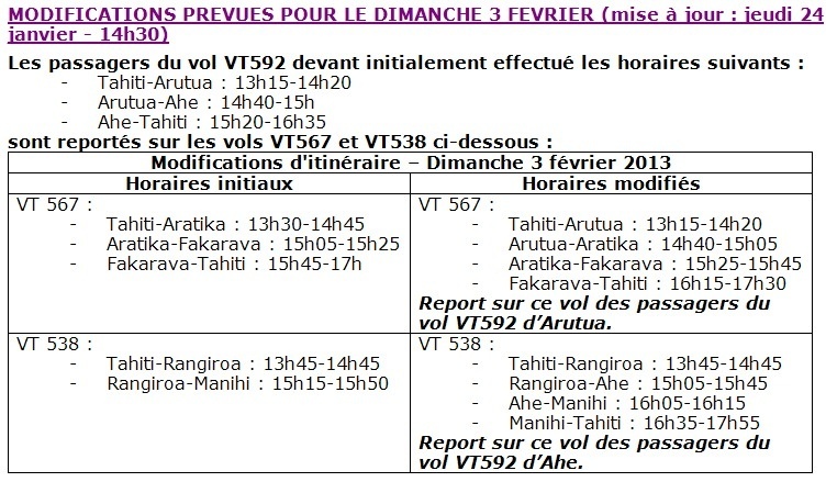 Modification du programme vols AIR TAHITI du 29 janvier au 13 février