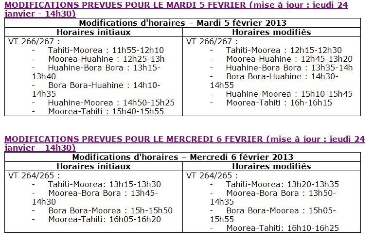 Modification du programme vols AIR TAHITI du 29 janvier au 13 février