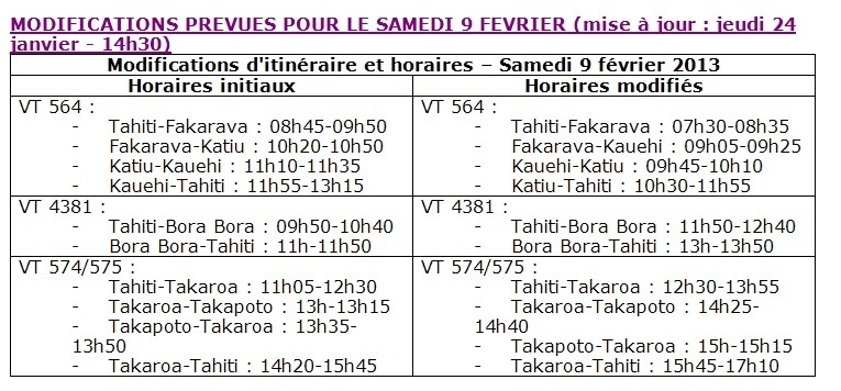 Modification du programme vols AIR TAHITI du 29 janvier au 13 février