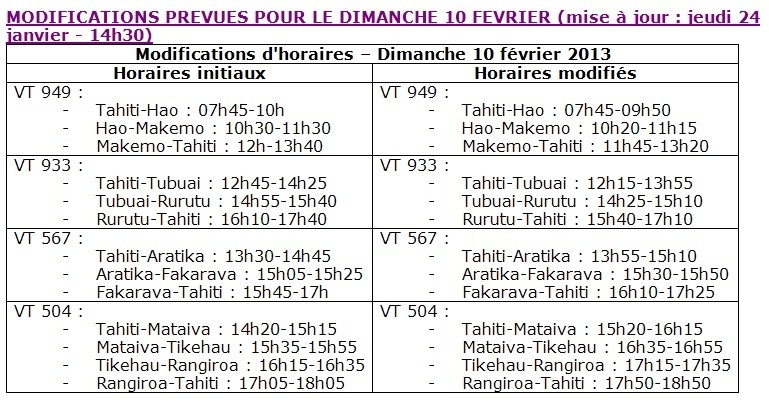 Modification du programme vols AIR TAHITI du 29 janvier au 13 février