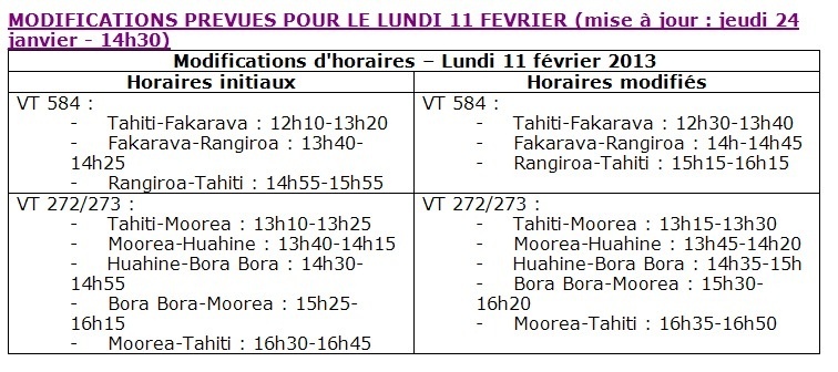 Modification du programme vols AIR TAHITI du 29 janvier au 13 février