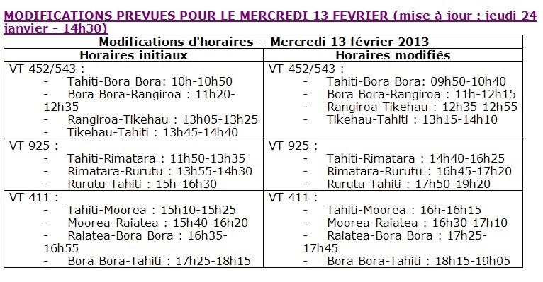 Modification du programme vols AIR TAHITI du 29 janvier au 13 février