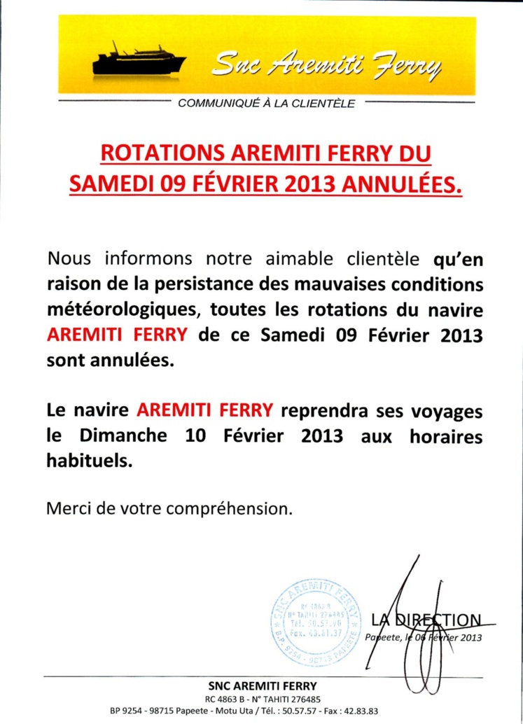 Rotations du Aremiti Ferry du samedi 9 février annulées