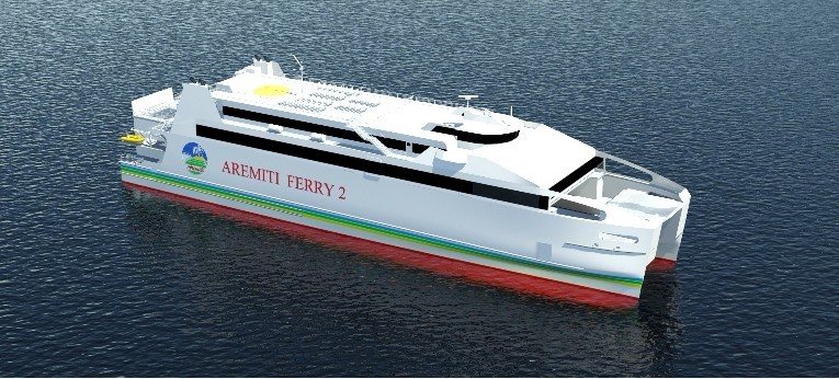 L'Aremiti Ferry 2, un camataran de 80 mètres de long et qui pourra transporter jusqu'à 947 passagers et   146 véhicules.