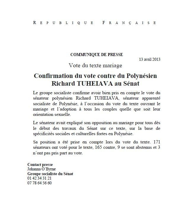 Mariage pour tous: le sénateur PS Richard Tuheiava a voté "contre"