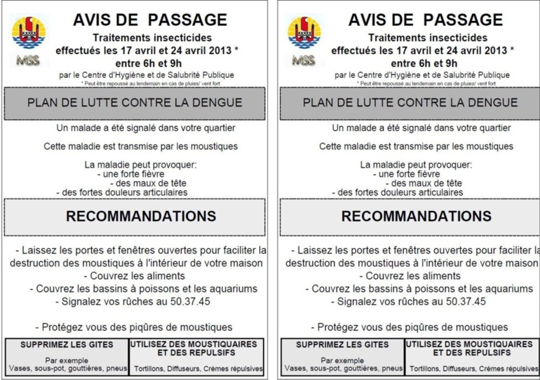 Lutte contre la dengue, une campagne de désinsectisation à Mahina les 17 et 24 avril