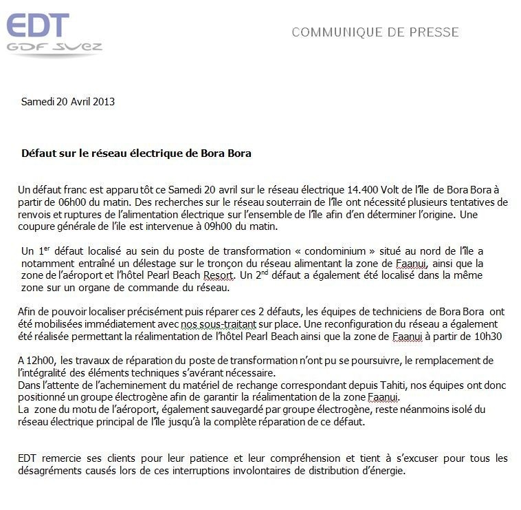 Bora Bora: une coupure d'électricité due à un incident technique
