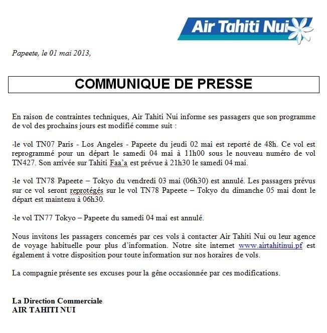 Air Tahiti Nui modifie ses horaires de vol en raison d'un problème technique