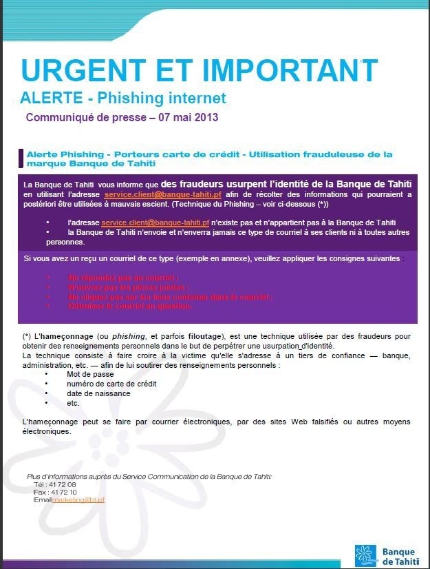 Banque de Tahiti: Alerte phishing aux utilisateurs d'Internet