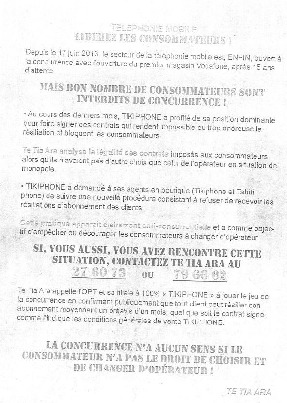 Te Tia Ara, association de consommateurs, dénonce certaines pratiques abusives relevées chez Tikiphone (VINI)