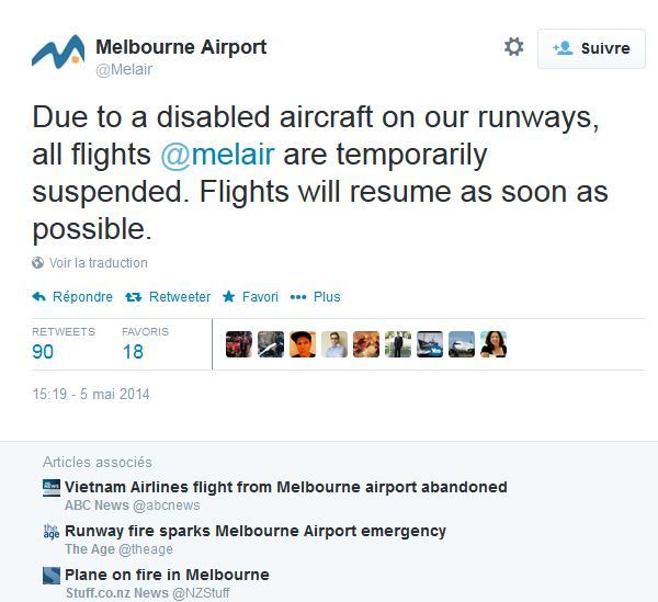 Panne sur le moteur d'un avion à l'aéroport de Melbourne