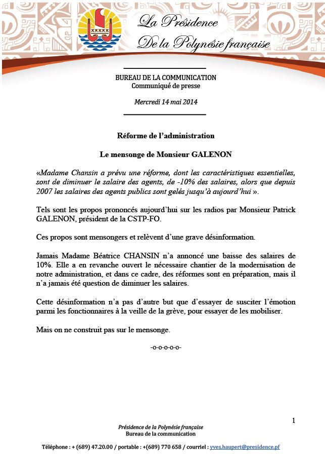 Réforme de l’administration:   Le mensonge de Monsieur Galenon ( communiqué de la Présidence)
