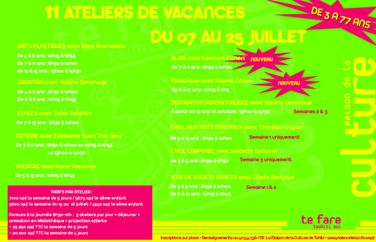 Maison de la Culture : Ateliers de vacances du 7 au 25 juillet  