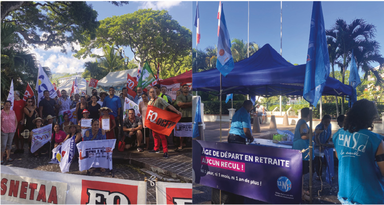 À gauche du monument aux morts, les militants de FO... À droite, ceux de l'Unsa. Crédit photo : Thibault Segalard