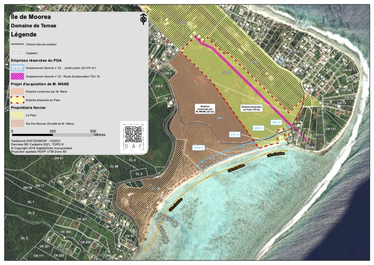 Plan du domaine de Temea si le projet venait à être concrétisé. En marron, la parcelle du groupe Wane et en jaune celle que le Pays souhaite acheter. Le PGA est lui représenté par la zone bleue le long du littoral. Crédit photo : présidence.