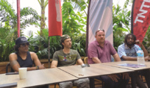 (De gauche à droite) Yaniss Odua, Balik le chanteur de Danakil, Christophe Longelin de Purple Tahiti et Natty Jean réunis lors de la conférence de presse.