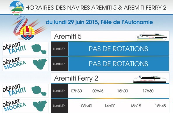 Horaires des navires AREMITI 5 et AREMITI FERRY 2 Lundi 29 Juin, Fête de l’Autonomie