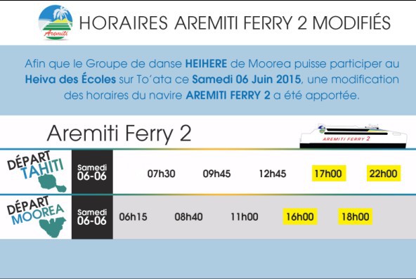Modification des horaires du Aremiti Ferry 2 du samedi 6 juin