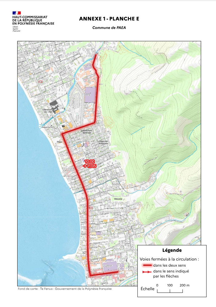 Interdiction de circulation et de stationnement de 10 heures à 11 h 05 à Paea sur la zone rouge.  Crédit : Haut-Commissariat