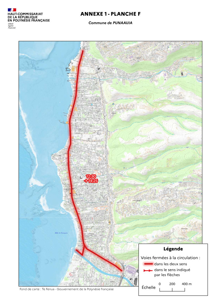 Interdiction de circulation et de stationnement de 12 h 30 à 14 h 25 à Punaauia sur la zone rouge rouge.  Crédit : Haut-Commissariat