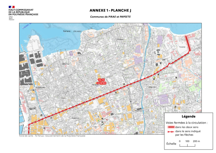 Interdiction de circulation et de stationnement de 16 h 15 à 18 h 40 à Faa’a, Pirae et Papeete sur la zone rouge Crédit : Haut-Commissariat