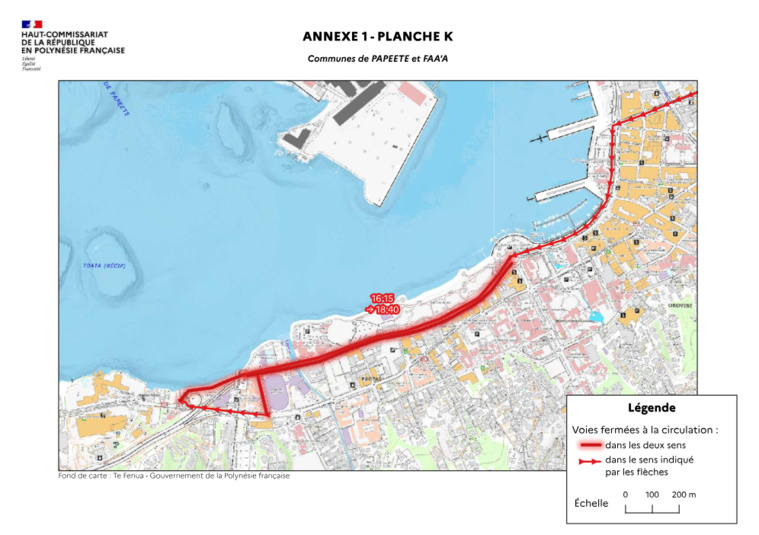 Interdiction de circulation et de stationnement de 16 h 15 à 18 h 40 à Faa’a, Pirae et Papeete sur la zone rouge Crédit : Haut-Commissariat