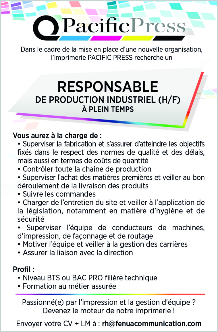 PACIFIC PRESS RECHERCHE UN RESPONSABLE DE PRODUCTION INDUSTRIEL CDI (H/F)