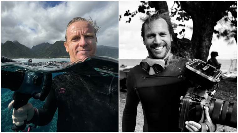 Tim McKenna à l’eau pendant la compétition (à gauche, crédit : Tim McKenna) et Ben Thouard à la pointe Fare Mahora (à droite, crédit : Morgan Maassen).