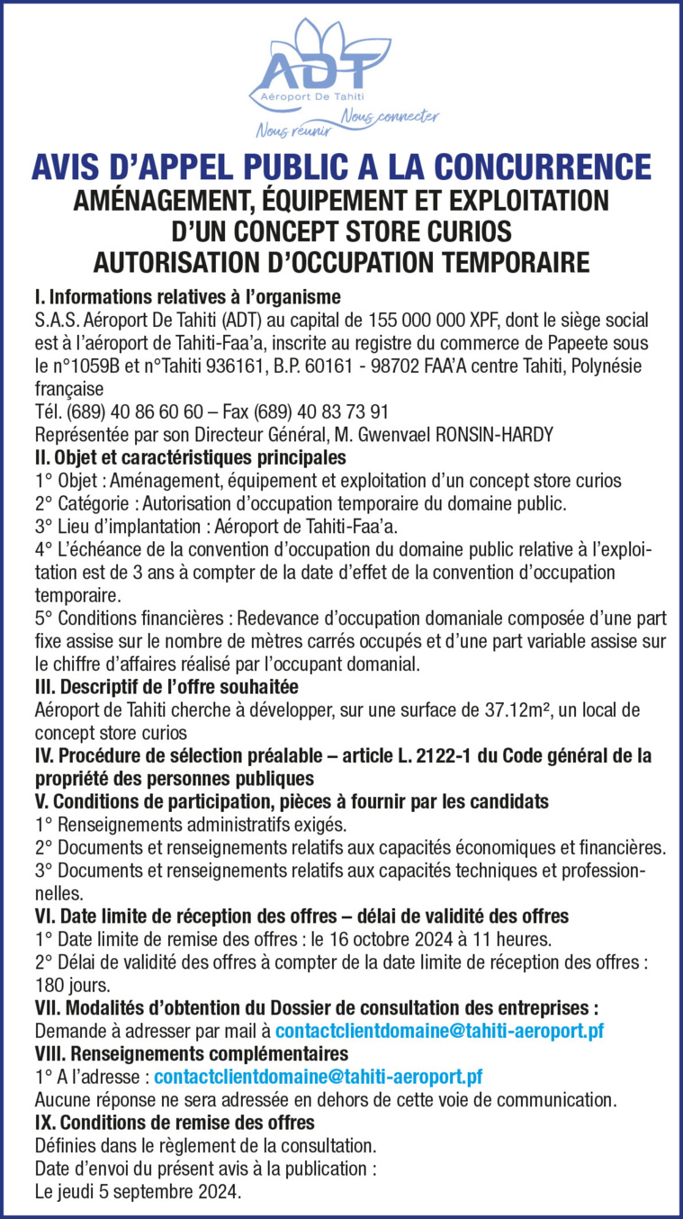 L’AÉROPORT DE TAHITI LANCE UN AVIS D'APPEL PUBLIC A LA CONCURRENCE: AMÉNAGEMENT, ÉQUIPEMENT ET EXPLOITATION D'UN CONCEPT STORE CURIOS