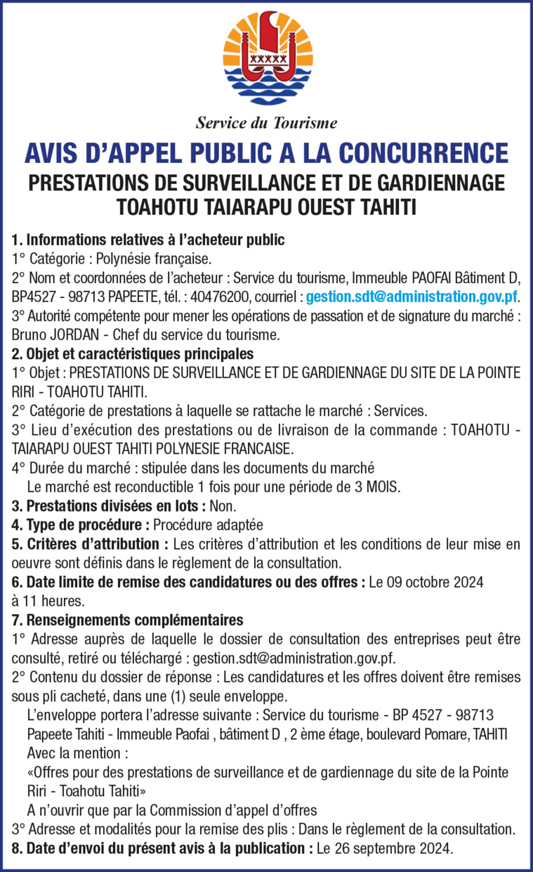 AVIS D'APPEL PUBLIC A LA CONCURRENCE - PRESTATIONS DE SURVEILLANCE ET DE GARDIENNAGE - TOAHOTU TAIARAPU OUEST